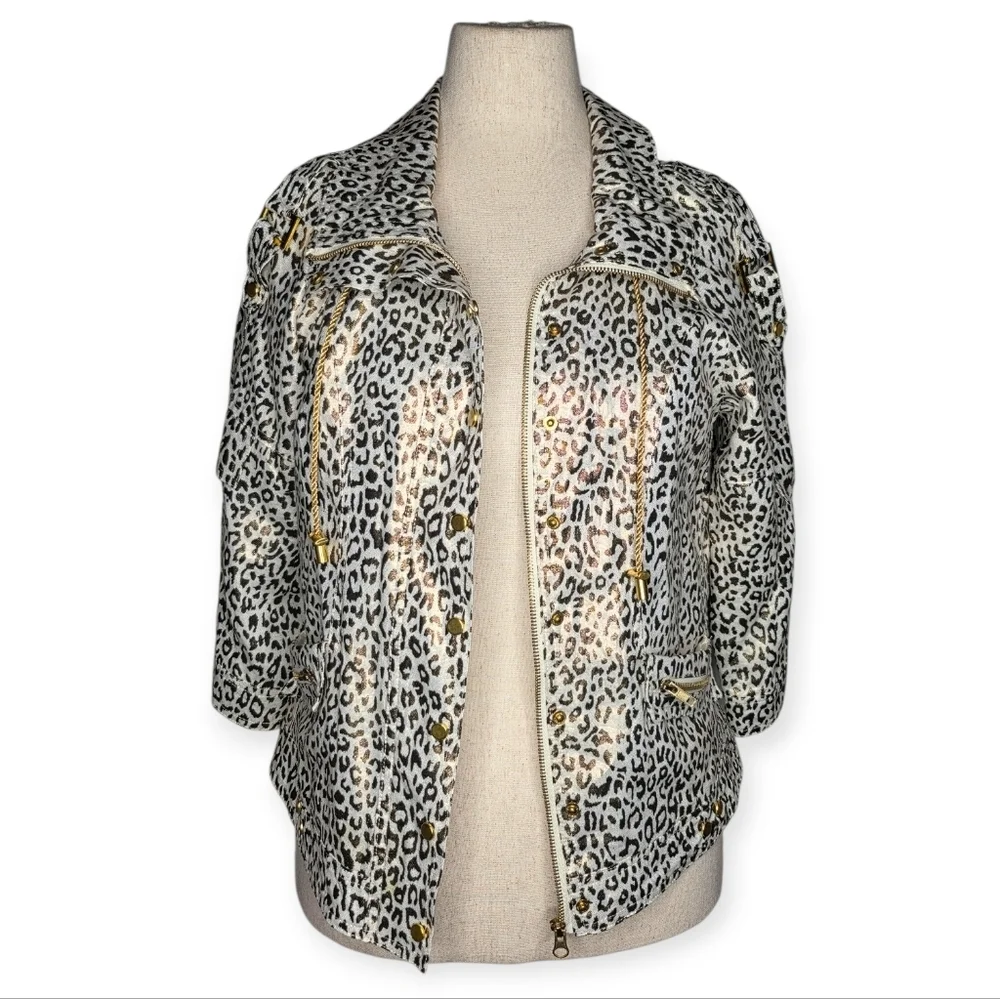 Vintage Just B Leopard Print Linen Jacket Gold Trim M 90s Y2K